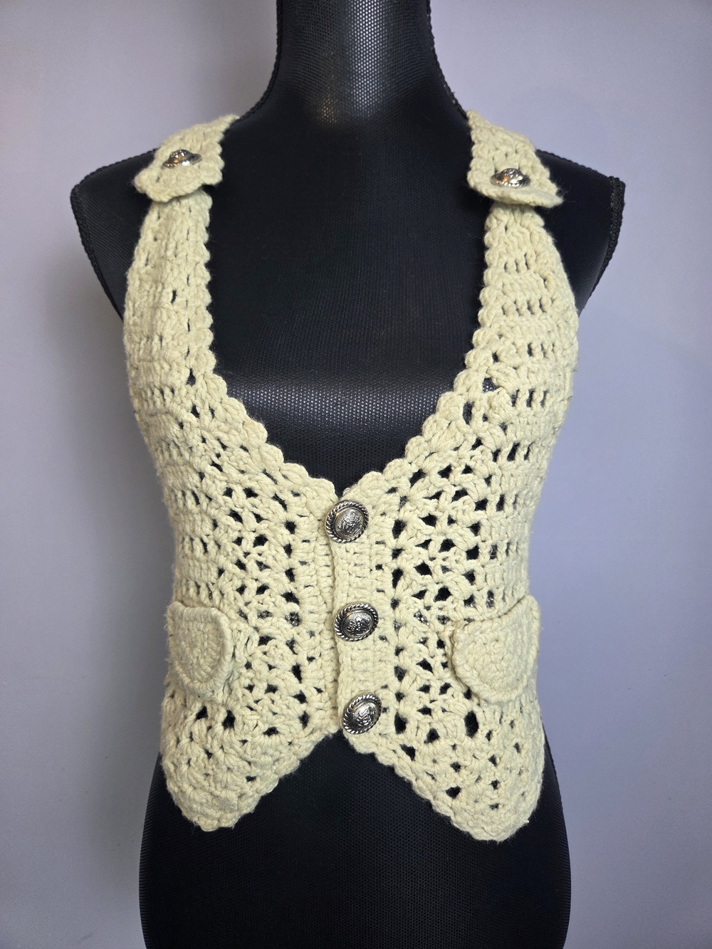 Y2K Crochet Halter Button Front Vest Womens M Cream Coachella Western Bohemian